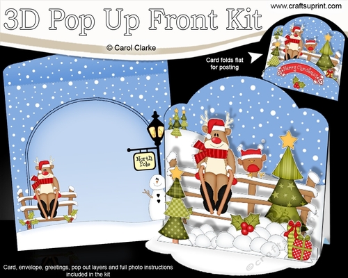 3D Christmas Pop Up Front Card Kit Rudolph goes Skiing