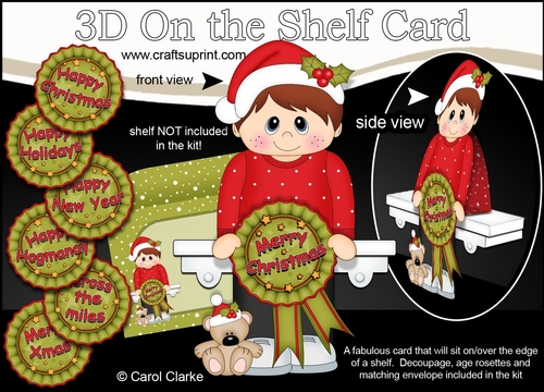 3D On the Shelf Card Kit - Cute Christmas Boy with Seasonal Greetings Rosettes