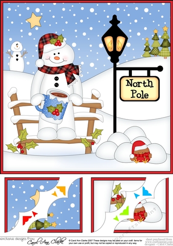 8 x 8 Christmas at the North Pole Snowman Mack has a mug of Hot Chocolate Scalloped Corner Topper 