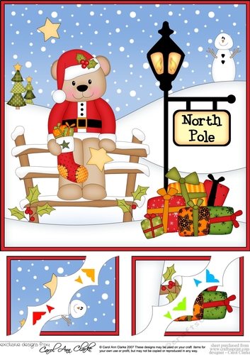 8 x 8 Christmas at the North Pole Cute Little Livvy Bear has a Christmas Stocking Scalloped Corner Topper 