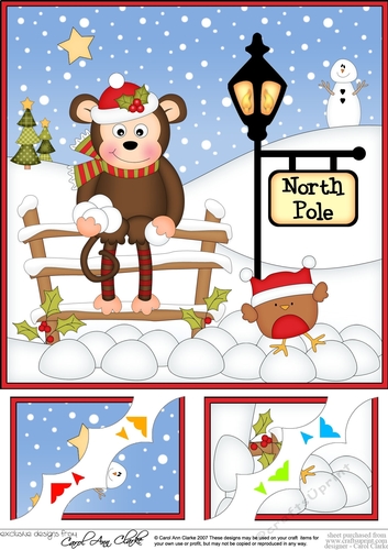 8 x 8 Christmas at the North Pole Little Monkey Bing has a Snowball Fight with Bobbin Robin Scalloped Corner Topper 
