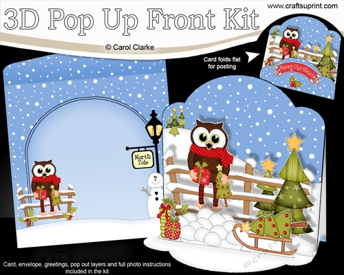 3D Christmas Pop Up Front Card Kit Little Hoot Owl has a Christmas Present & Tree