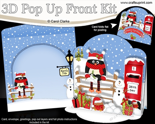 3D Christmas Pop Up Front Card Kit Pip Penguin posts a Letter to Santa