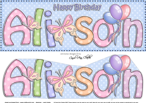 Large DL Birthday ALISON Butterflies & Balloons 3D decoupage