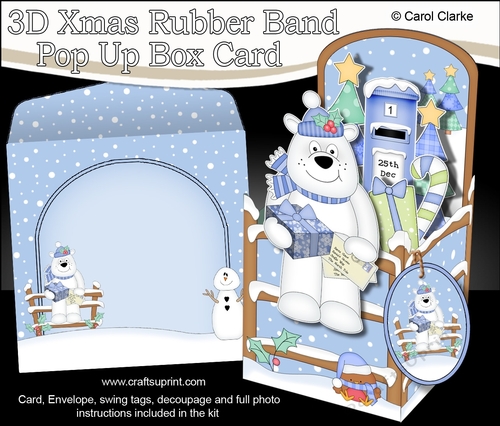 3D Christmas Rubber Band Pop Up Box Card - Ben Polar Bear has a Present