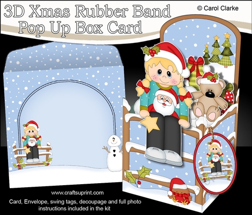 3D Christmas Rubber Band Pop Up Box Card - Little Christmas Jumper Girl has a Teddy & Presents
