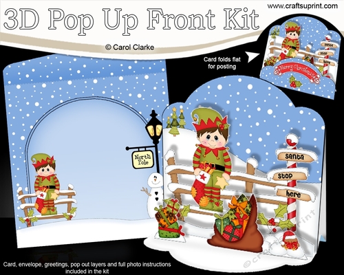3D Christmas Pop Up Front Card Kit Little Elf has a Christmas Stocking