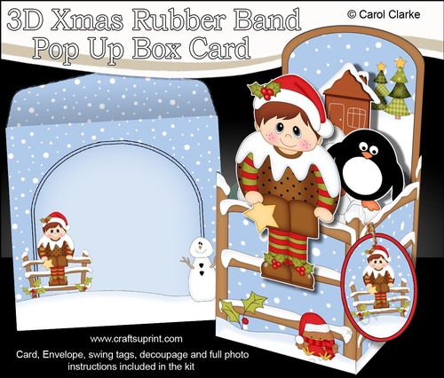 3D Christmas Rubber Band Pop Up Box Card - Christmas Pudding Fancy Dress Boy