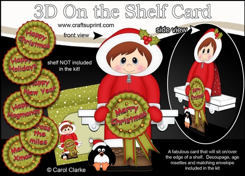 3D On the Shelf Card Kit - Cute Christmas Eskimo Boy with Seasonal Greetings Rosettes