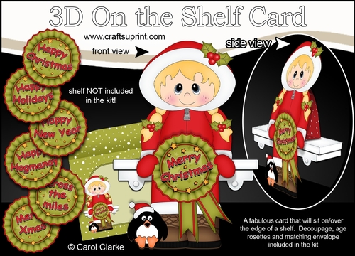 3D On the Shelf Card Kit - Cute Christmas Eskimo Girl with Seasonal Greetings Rosettes