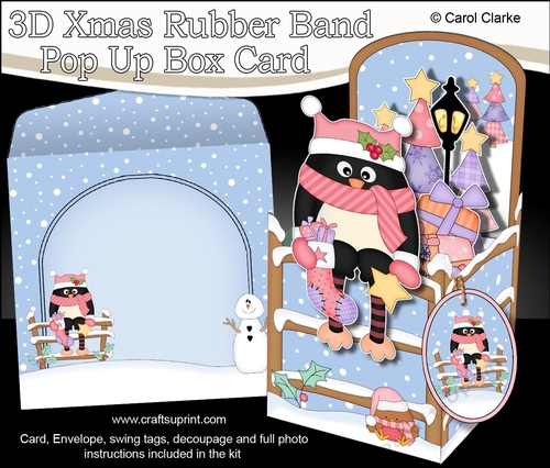 3D Christmas Rubber Band Pop Up Box Card - Christmas Pip Penguin has a Christmas Stocking