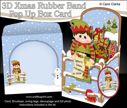 3D Christmas Rubber Band Pop Up Box Card - Cute Little Christmas Elf is checking whos been Naughty or Nice!