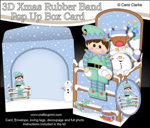 3D Christmas Rubber Band Pop Up Box Card - Cute Little Christmas Elf is snowballing with Snowman Sam