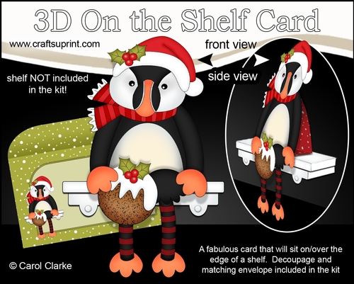 3D On the Shelf Card Kit - Little Christmas Puffin Pilchard has a Christmas Pudding