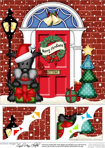 8 x 8 Christmas Door Hamish Scottie Dog has a present Scalloped Corner Topper