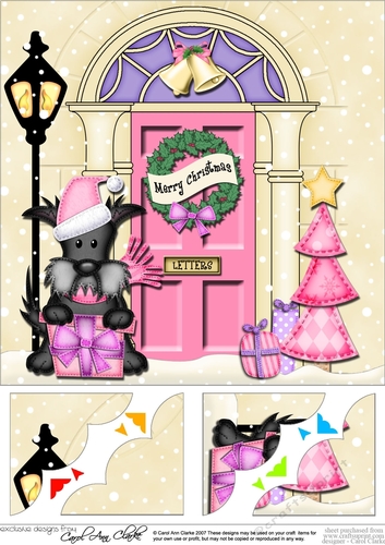 8 x 8 Christmas Door Hamish Scottie Dog has a present Scalloped Corner Topper