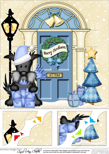 8 x 8 Christmas Door Hamish Scottie Dog has a present Scalloped Corner Topper