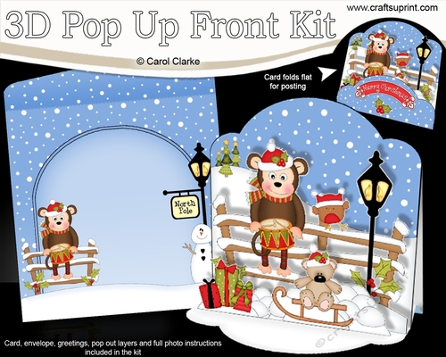 3D Christmas Pop Up Front Card Kit Cute Little Bing Monkey brings the Christmas Presents