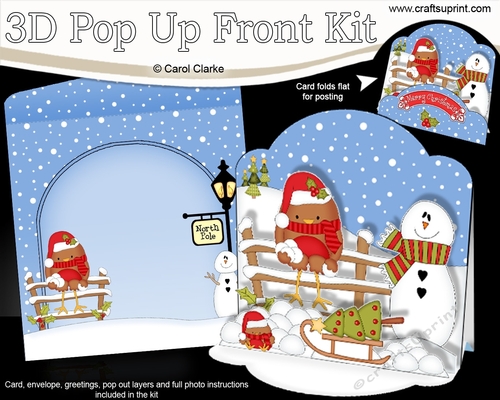 3D Christmas Pop Up Front Card Kit Bobbin Robin enjoys playing in the Snow
