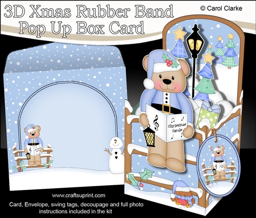 3D Christmas Rubber Band Pop Up Box Card - Austin Bear goes Carol singing
