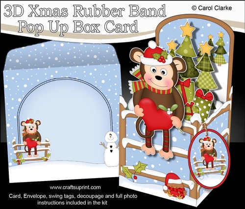 3D Christmas Rubber Band Pop Up Box Card - Cute Little Monkey Bing