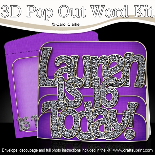3D 16th Birthday LAUREN with Bling Pop Out Word Card 