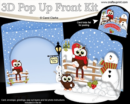 3D Christmas Pop Up Front Card Kit Little Hoot Owls have a Snowball Fight