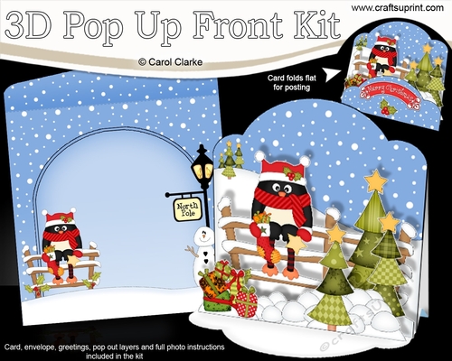 3D Christmas Pop Up Front Card Kit Pip Penguin has a Christmas Stocking