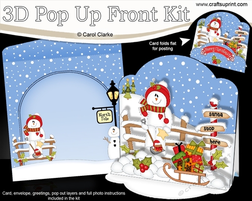 3D Christmas Pop Up Front Card Kit Snowman Rio has a Sledge and Presents