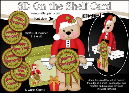 3D On the Shelf Card Kit - Christmas Livvy Bear with Seasonal Greetings Rosettes
