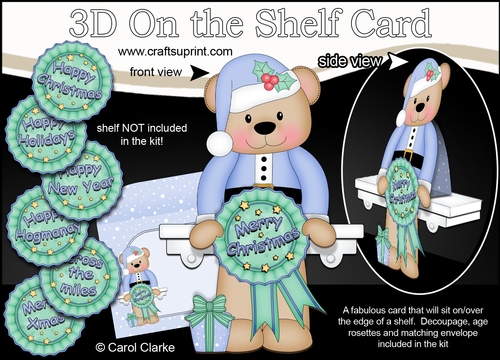 3D On the Shelf Card Kit - Christmas Austin Bear with Seasonal Greetings Rosettes