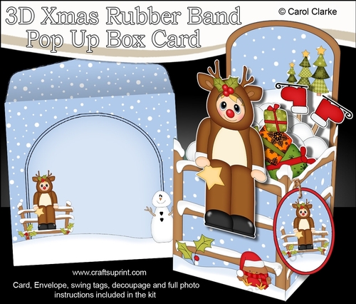 3D Christmas Rubber Band Pop Up Box Card - Fancy Dress Rudolph