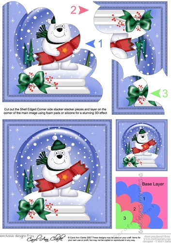 Christmas Snowglobe Ben Polar Bear has a Christmas Cracker Shell Edged Corner Stacker