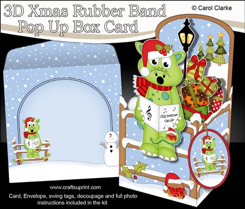 3D Christmas Rubber Band Pop Up Box Card - Little Christmas Dennis Dinosaur goes Carol Singing