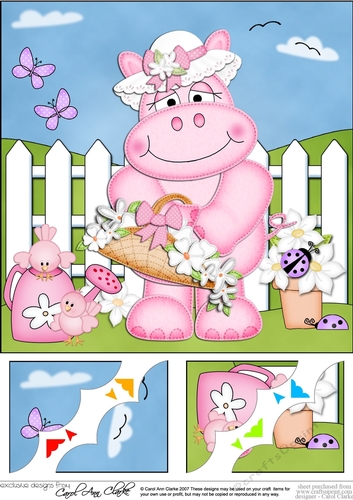 8 x 8 Hilda Hippo has a Bonnet & Basket Scalloped corner Topper