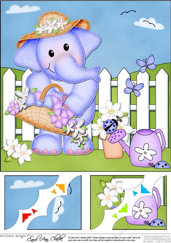 8 x 8 Lola Elephant has a Bonnet & Basket Scalloped corner Topper