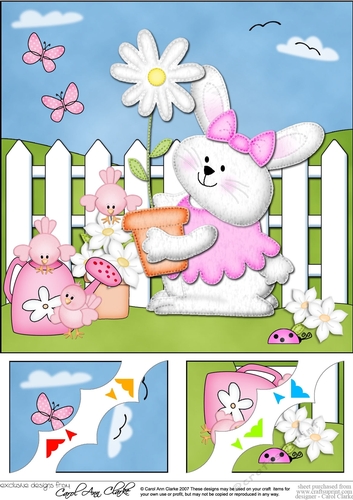 8 x 8 Little Bunny has a Pot Plant Scalloped corner Topper