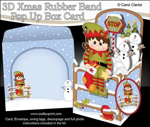 3D Christmas Rubber Band Pop Up Box Card - Little Christmas Elf has a Christmas Stocking
