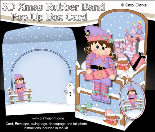 3D Christmas Rubber Band Pop Up Box Card - Little Christmas Elf has a Christmas Cracker