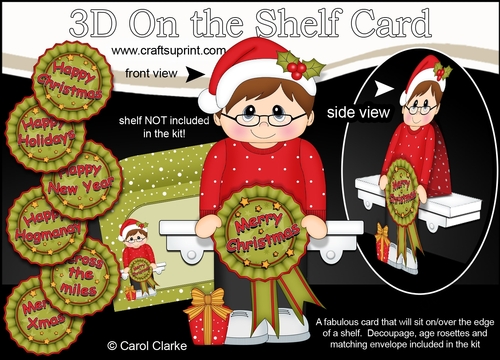 3D On the Shelf Card Kit - Cute Christmas Teen with Seasonal Greetings Rosettes