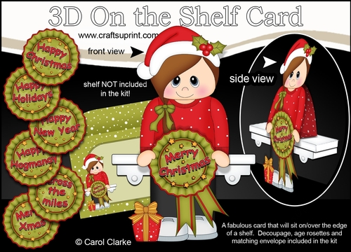 3D On the Shelf Card Kit - Cute Christmas Teen with Seasonal Greetings Rosettes