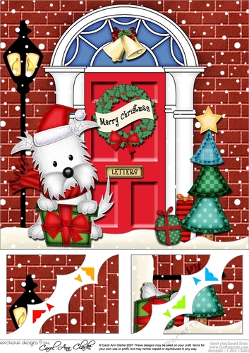 8 x 8 Christmas Door Jock Westie Dog has a present Scalloped Corner Topper