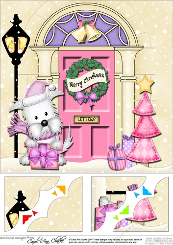 8 x 8 Christmas Door Jock Westie Dog has a present Scalloped Corner Topper