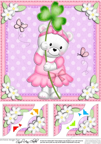 8 x 8 Teddy Tess has a Good Luck Clover Scalloped corner Topper
