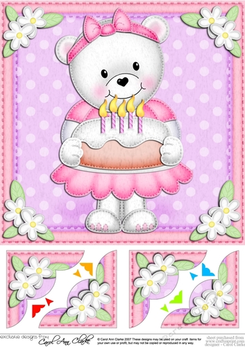 8 x 8 Teddy Tess has a Birthday Cake Scalloped corner Topper