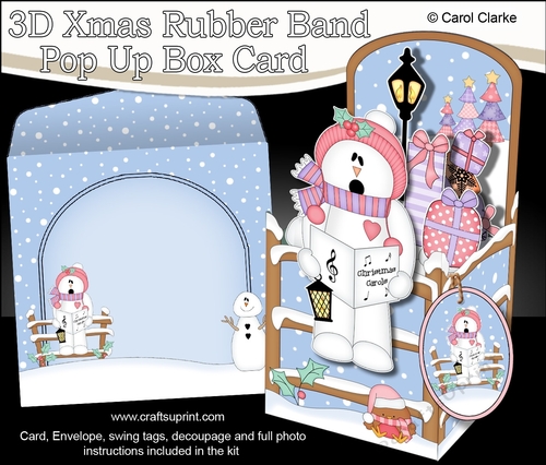 3D Christmas Rubber Band Pop Up Box Card - Snowman Rio goes Carol Singing