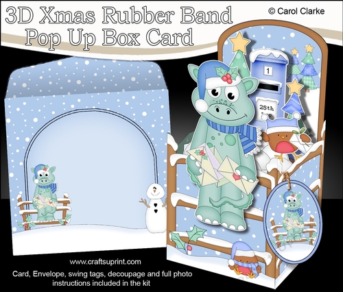 3D Christmas Rubber Band Pop Up Box Card - Cute Little Dennis Dinosaur post his Christmas Cards