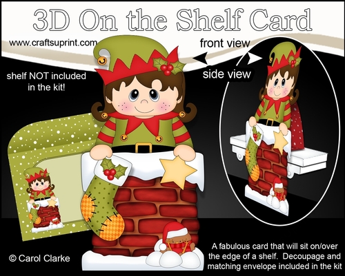 3D On the Shelf Card Kit - Christmas Cute Little Girl Elf is helping Santa take the Presents down the Chimney