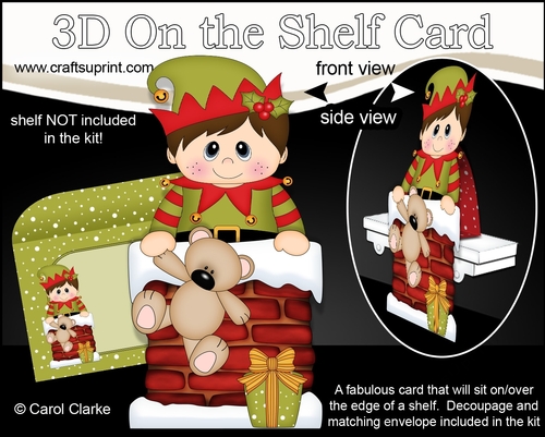 3D On the Shelf Card Kit - Christmas Cute Little Boy Elf is helping Santa take the Presents down the Chimney
