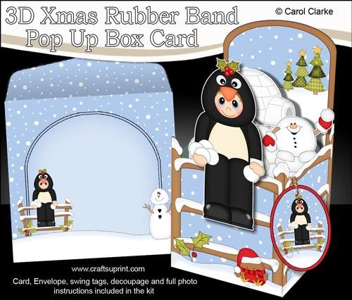 3D Christmas Rubber Band Pop Up Box Card - Fancy Dress Penguin